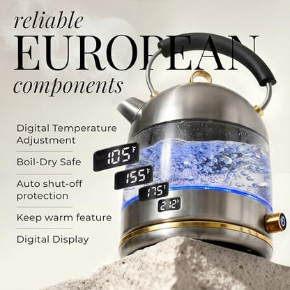 Stainless Steel Electric Kettle with Temperature Control - BPA and Plastic Free Electric Kettle with Keep Warm Function, Borosilicate Glass - Fast 1500W Hot Water Boiler, Auto Shut-Off - color: Stainless Steel