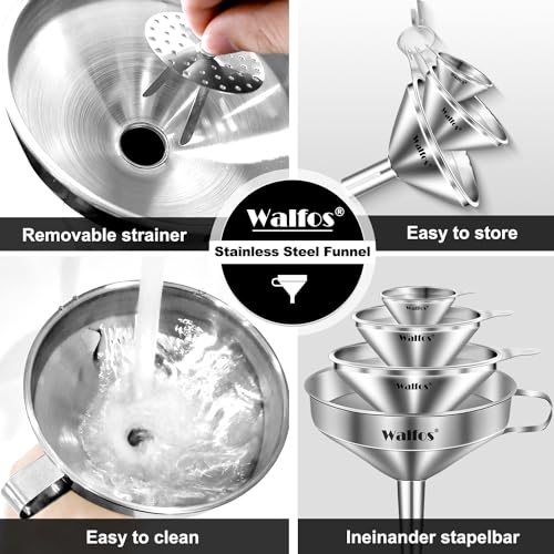 Stainless Steel Funnel, Walfos 4 Pack(4in、3 in、2.2 in、1.7in Kitchen Funnel with 2 Removable Strainer ＆ 1Pcs Cleaning Brush, Perfect for Transferring of Liquid, Oils, Jam, Dry Ingredients & Powder - color: 4pcs 10.4cm+7.5cm+5.5cm+4.5cm