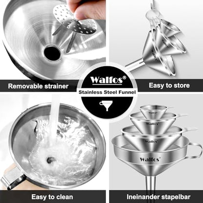 Stainless Steel Funnel, Walfos 4 Pack(4in、3 in、2.2 in、1.7in Kitchen Funnel with 2 Removable Strainer ＆ 1Pcs Cleaning Brush, Perfect for Transferring of Liquid, Oils, Jam, Dry Ingredients & Powder - color: 4pcs 10.4cm+7.5cm+5.5cm+4.5cm