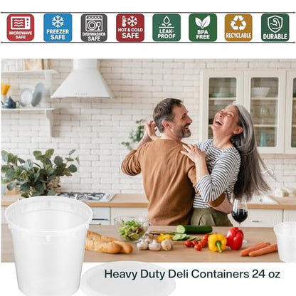 24oz [240 set] Heavy Duty Plastic Deli Container | BPA-Free Food Storage with Airtight Leak‑Proof Lids | Microwave, Freezer & Dishwasher Safe – Stackable, Bulk Reusable Soup & Meal Prep Tub