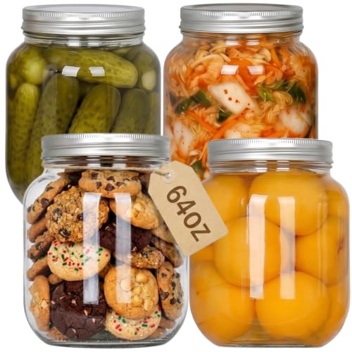 Coloch 4 Pack Half Gallon Glass Jar with Metal Lid, 64 Oz Clear Food Storage Jar Wide Mouth Glass Pantry Container for Candy, Cookie, Flour, Kombucha Tea, Fermenting