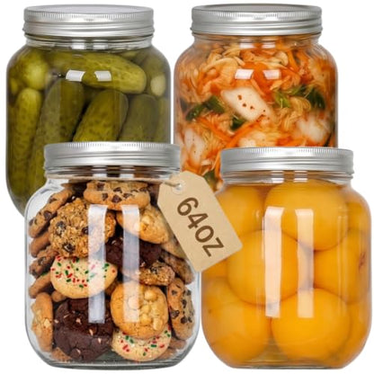 Coloch 4 Pack Half Gallon Glass Jar with Metal Lid, 64 Oz Clear Food Storage Jar Wide Mouth Glass Pantry Container for Candy, Cookie, Flour, Kombucha Tea, Fermenting
