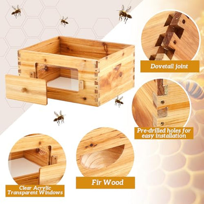 Juexica 10 Frame Deep Brood Bee Hive Box, Langstroth Beehive with Transparent Acrylic Windows, Bee Box Dipped in 100% Beeswax (Unassembled)