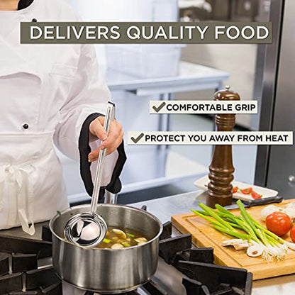 Fit Meal Prep Stainless Steel Soup Ladle - One-Piece Sauce Spatula with Hook Handles, Commercial Grade Serving Spoon, Kitchen Tool for Restaurant or Home Cooking, 14.75” Long - [Pack of 2] 12 Oz - size: 12 oz