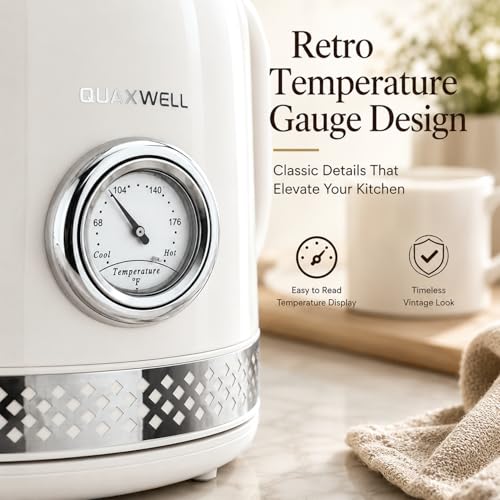 Retro Electric Kettle, 1.7L 304 Stainless Steel Tea Kettle with Temperature Gauge, 1500W Fast Boiling Water Boiler,Auto Shut-Off & Boil-Dry Protection, BPA-Free (Off-white) - color: Off-white