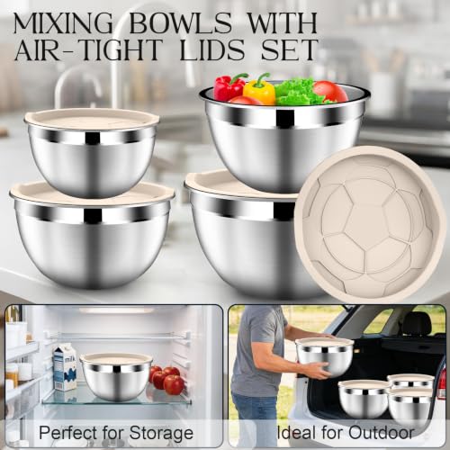 DUTZUN Stainles Steel Mixing Bowls with Lids Set, Stackable Metal Mixing & Serving Bowl with Strainer, 5-Piece - Beige - style: 9PCS Beige