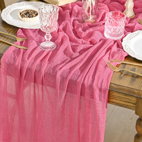 Artoid Mode Boho Cheesecloth Gauze Rose Red Wedding Table Runner, 120 Inch Seasonal Fabric Kitchen Dining Holiday Table Decor for Home Party Indoor - color: Rose Red, size: 120"