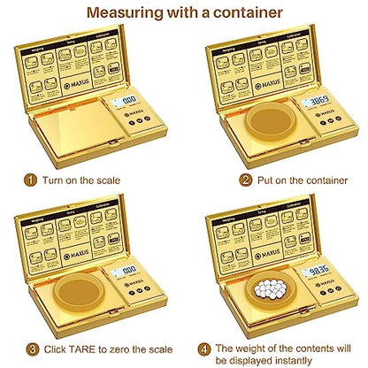 MAXUS Digital Gram Scale with 200g x 0.01g Capacity, Stylish Gold Plated Cover and Platform for Accurate and Precise Weighing of Jewelry, Grains, and Food in Grams and Ounces - color: Gold