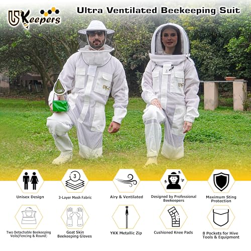 3-Layer Ultra Ventilated Sting Proof Bee Suit for Men & Women – Premium Beekeeping Suit with Bee Gloves & Two Detachable Beekeeping Veils (White S) - color: White, size: Small