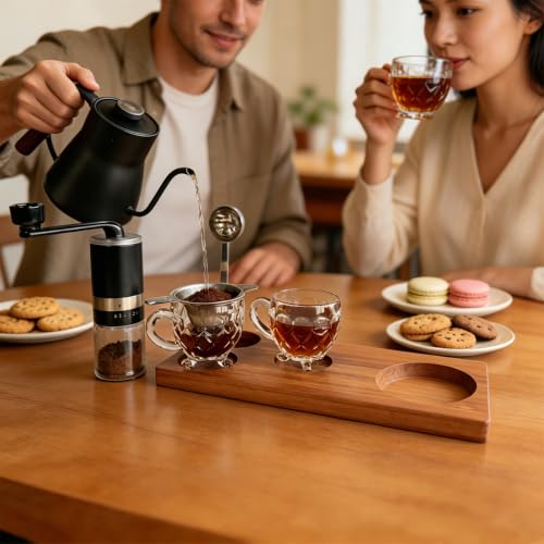 Pour Over Coffee Set, 5-in-1 Kit: 28oz Gooseneck Kettle with Thermometer, Grinder, 2 Glass Cups, Scoop & Wood Tray – Gift for Home Office Camping (Grey Box 5)