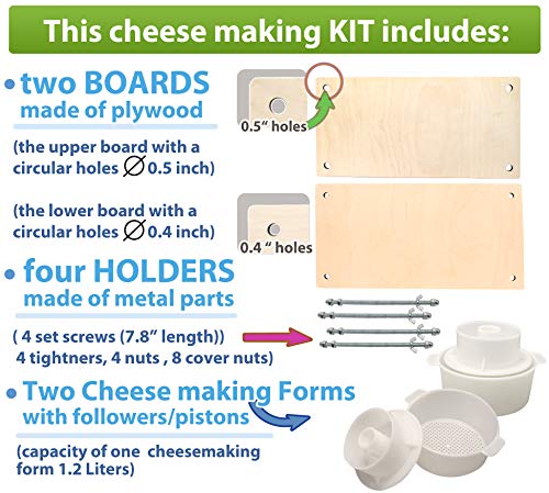 Wooden Cheese Press for Cheese Making Supplies 16in Metal Guides and 2 pcs Cheese Mold with Follower Piston 1.3Qt - large Home Supply Ultimate Cheese Press Machine - Prensa Para Queso Casero
