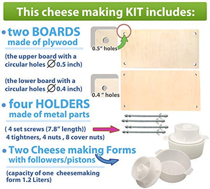 Wooden Cheese Press for Cheese Making Supplies 16in Metal Guides and 2 pcs Cheese Mold with Follower Piston 1.3Qt - large Home Supply Ultimate Cheese Press Machine - Prensa Para Queso Casero