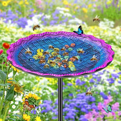 Bee Butterflies Watering Station, Standing Bee Feeder with Glass Marbles for Outside, Bee Bath Feeder with Metal Stakes Butterfly Puddler Garden Yard Déco (Blue) - color: Blue