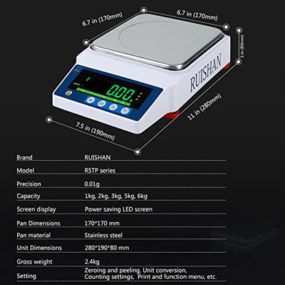 Lab Scale 5000gx0.01g High Precision Scientific Electronic Digital Laboratory Lab Weight Analytical Balance Scale .01g Accuracy Jewelry Pharmacy Chemistry Industria Calibrated Gram Scale - size: 5kg/0.01g