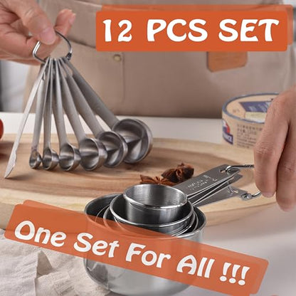 Stainless Steel Measuring Cups & Spoons Set, 12 Pieces Kitchen Measuring Sets Gadgets tool,For Cooking & Baking,Measure Dry & Wet Ingredients And Liquid (Cups & Spoons) - style: Cups & Spoons