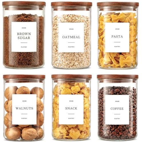 Set of 6 Glass Pantry Jars with Acacia Wood Lids, 32oz Airtight Pantry Storage Containers with 105 Labels, Glass Kitchen Canisters for Coffee, Tea, Sugar, Pasta - size: 32oz 6 Pack
