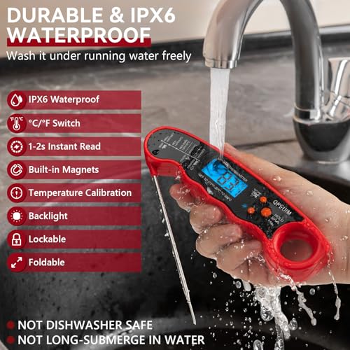 QPEUIM Meat Thermometer Digital Instant Read Thermometer Waterproof Food Thermometer with Backlight & Calibration for Grill and Cooking Turkey BBQ - color: Red 01