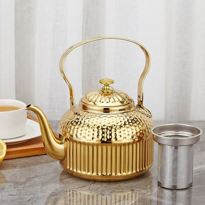 SANQIAHOME Antique 1.8L (60 Oz) Stainless Steel Teapot with Infuser Gold - color: Gold, size: 1.8 Liters