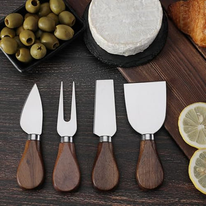 Linwnil 4-Piece Set of Stainless Steel Cheese Knives with Wood Hand, Including Cheese Slicer and Cheese Cutters, Essential Cheese Tools for the Kitchen (Walnut handle, Silver) - color: Silver