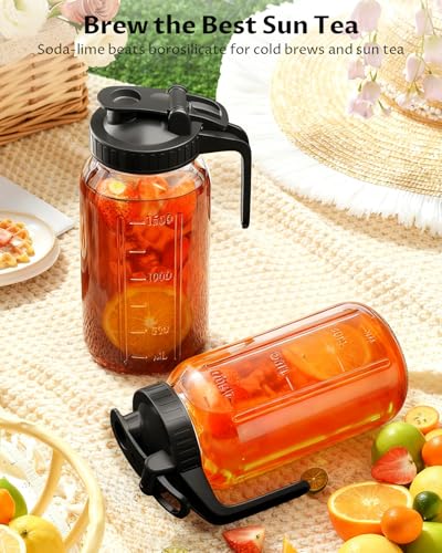 64 oz Mason Jar Pitcher – Airtight & Leakproof Glass Pitcher with Lid, Perfect for Iced Tea, Sun Tea, Cold Brew, Breastmilk, 2 Quart (1/2 Gallon) Mason Jar with Pour Spout Lid Flip-Cap & Handle - color: Black, size: 64 Ounces
