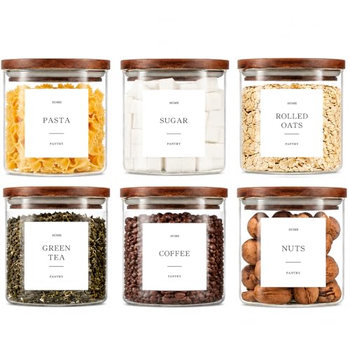 Set of 6 Glass Pantry Jars with Acacia Wood Lids, 21oz Airtight Pantry Storage Containers with 105 Labels, Glass Kitchen Canisters for Coffee, Tea, Sugar, Spice - size: 21oz 6 Pack