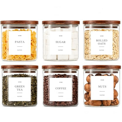 Set of 6 Glass Pantry Jars with Acacia Wood Lids, 21oz Airtight Pantry Storage Containers with 105 Labels, Glass Kitchen Canisters for Coffee, Tea, Sugar, Spice - size: 21oz 6 Pack