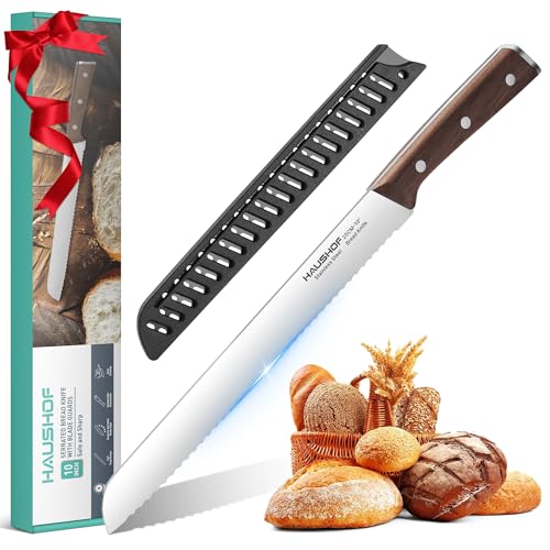 HAUSHOF Bread Knife with Sheath, 10-Inch Serrated Bread Knife for Homemade Bread, 5CR15M0V Premium Stainless Steel Bread Cutter with Gift Box for Mom Dad, Full Tang and Ergonomic Handle - size: 10 inches
