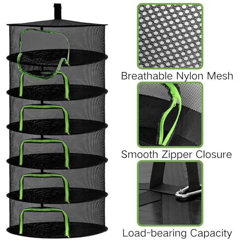 Coloch 6 Layer Herb Drying Rack with Zipper, Foldable Food Drying Net Collapsible Hanging Seed Drying Mesh with Garden Shear, Hook, Bag, for Plant, Seed, Bud, Fruit, Food, 23.6”x47”