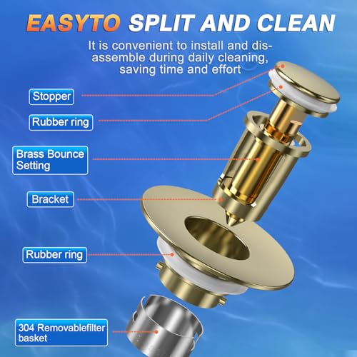 Bathroom Sink Drain Strainer,(4PCS) Pop-up Sink Drain Strainer with Removable Stainless Steel Strainer Basket Hair Catcher, Bathroom Sink Strainer for Bathroom Sink Stopper Replacement - color: 4, Brushed Gold
