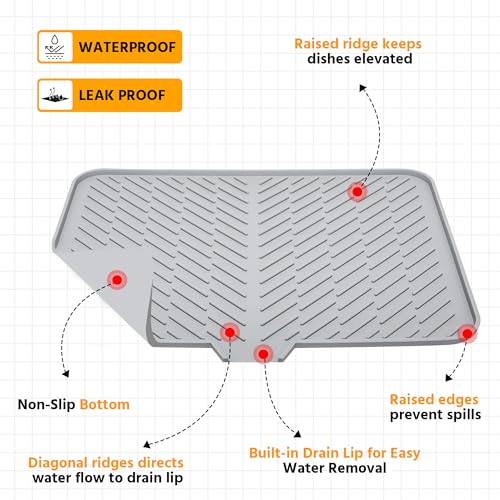 Luxet Silicone Dish Drying Mat with Built-in Drain Lip - Hygienic Drying Pad - Sturdy Compact Easy to Clean Tray Protects Surfaces Prevents Water Build Up - 23 X 17 (Grey)