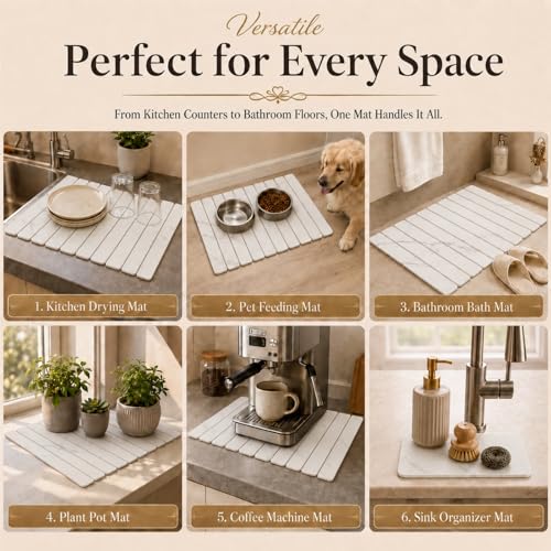 2 PCS Large Stone Dish Drying Mat for Kitchen Counter, 24" x 16" Diatomaceous Earth Dish Mat with 8" x 4" Coaster, Quick Dry Foldable Absorbent Mat for Dishes, Cups, Bottles (White) - color: White