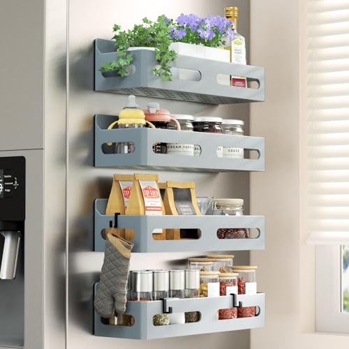Sevenblue 4-Pack Magnetic Spice Rack for Refrigerator with Hooks, Grey | Strong multipurpose magnetic shelf for kitchen & bathroom organization. Includes 4 removable hooks for hanging items. - color: Grey, size: 4 Pack