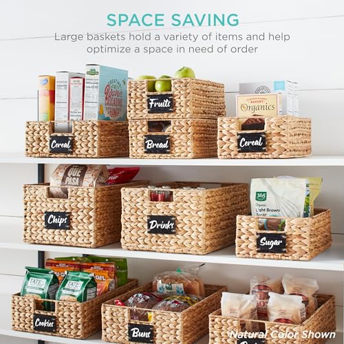 Best Choice Products 식료품 저장실 바구니 40.6 x 30.5cm(16 x 12인치) 워터 히아신스 보관 바구니 2개 세트, 손잡이가 달린 우븐 고리버들 주방 정리함, 칠판 라벨 분필 마커 포함 - 그레이 - color: 회색., size: 12x16x8in