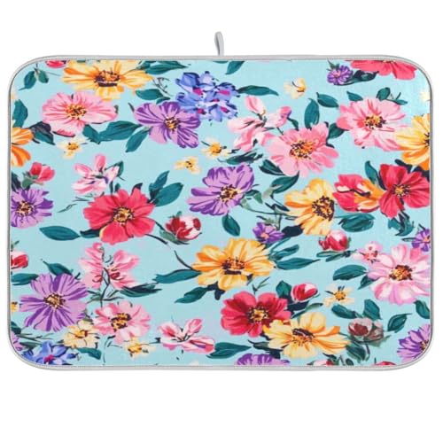 Kcldeci Floral Pattern Light_blue Dish Drying Mat for Kitchen Counter Decor 16x18 Inch Dish Drying Pad Drainer Rack Mats for Coffee Bar - color: C18, size: 16x18in