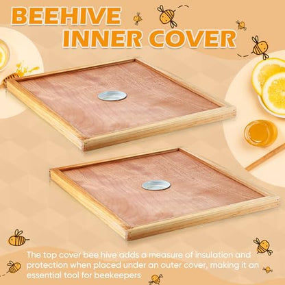 Colingmill 2 Pack Bee Hive Inner Cover and Bee Entrance Feeders for 10 Frame Hive Box Cover with Feeding Hole Insulation Ventilation Inner Cover Perforated for Beekeeping Supplies