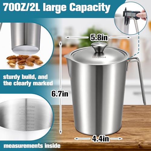 2 Pcs 2 L/70 oz Large Stainless Steel Pitcher with Lid, Metal Measuring Cup, Large Mouth Graduated Beakers with Handle, Milk Frothing Jug for Espresso Machine, Latte Art, Hot/cold Water - size: 2 L/70 oz