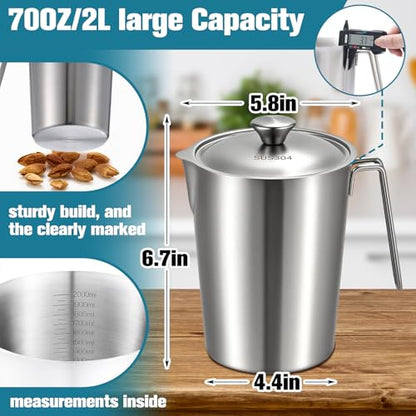 2 Pcs 2 L/70 oz Large Stainless Steel Pitcher with Lid, Metal Measuring Cup, Large Mouth Graduated Beakers with Handle, Milk Frothing Jug for Espresso Machine, Latte Art, Hot/cold Water - size: 2 L/70 oz