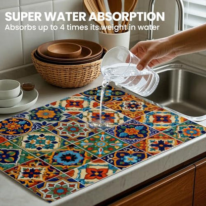 Absorbent Kitchen Dish Drying Mat Quick Dry Heat Resistant Hide Stain for Glasses Coffee Espresso Machines Pots Pans and Dish Racks,18" x 24" Bohemia Talavera Mexican Tiles Pattern - color: Bohemia Talavera Mexican Tiles