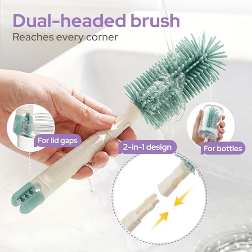 lalalark 7-in-1 Baby Bottle Brush Set, BPA Free Silicone Baby Bottle Cleaning Kit with No Scratch Dual-Headed Brush, Nipple Brush,Soap Dispenser & Drying Rack,Travel Cleaner Set with Storage Case,Mint - color: Mint