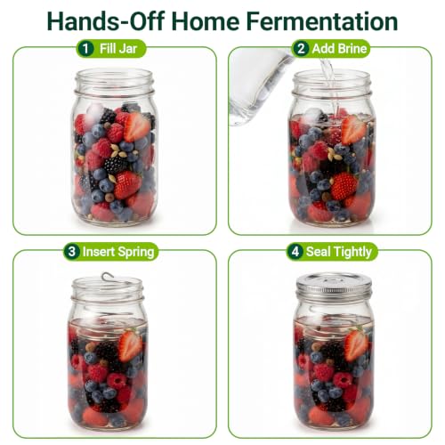 Fermentation Kit to Make Perfect Pickles, Sauerkraut, Kimchi & Probiotic-Rich Vegetables, Easy Pickling Kit for Wide Mouth Mason Jars with Venting Lids & Fermenting Springs