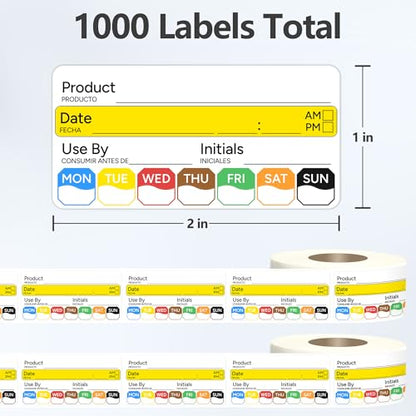 2 Rolls 1000 Pcs 1 inch X 2 inch Restaurant Quality Shelf Life Food Rotation Labels, Self-Adhesive Removable for Reusable Containers, Food Safety Date Sticker, Leftover Labels - style: 1*2in-1000pc-Yellow-Black2