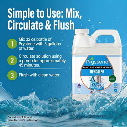 Tankless Water Heater Descaler Liquid 32 Oz — Removes Limescale, Restores Hot Water Pressure and Heating Efficiency — Food Grade Citric and Lactic Acid — Made in USA