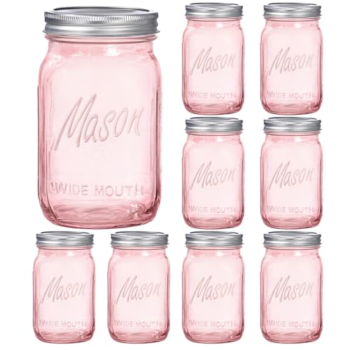 SUT Wide Mouth Mason Jars 32 oz,9 Pack Quart Mason Jars With Airtight lids and Bands,Pink Canning Jars 32 oz for Preserving,Meal Prep,Overnight Oats,Fermenting, Pickling - color: Pink