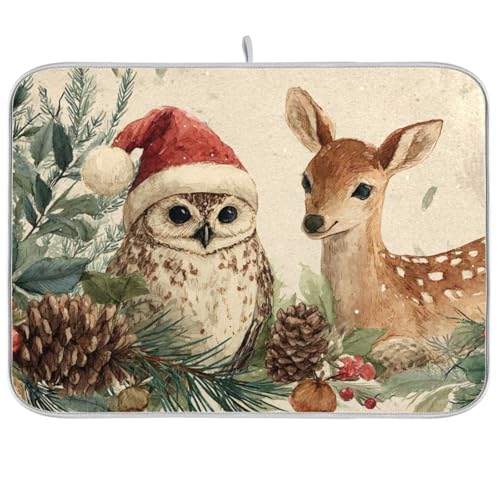 Dish Drying Mat for Kitchen Counter Dish Mat Dish Drainer Mats Kitchen Drying Mat Pad Microfiber Absorbent Reversible 18x24 Inch Beige Christmas Deer Owl Pinecorns - color: Beige Christmas Deer Owl Pinecorns, size: 24" x 18"