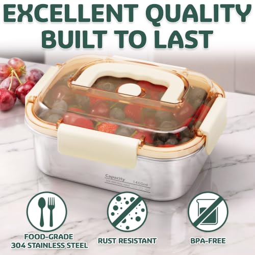 Everusely - Large Stainless Steel Food Container + Snap Lock Lid - 47 oz - Airtight Food Storage Box - Meal Prep, Vegetables, Travel Lunch, Marinating Meat - Microwave, Oven, Refrigerator Safe - size: 1400mL