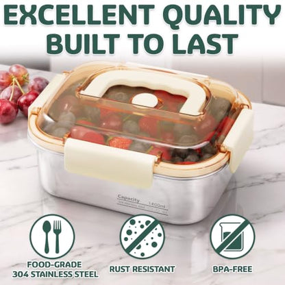 Everusely - Large Stainless Steel Food Container + Snap Lock Lid - 47 oz - Airtight Food Storage Box - Meal Prep, Vegetables, Travel Lunch, Marinating Meat - Microwave, Oven, Refrigerator Safe - size: 1400mL