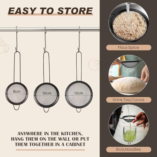 Norme 4 Quart Stainless Steel Black Colander and 3 Pcs Black Fine Mesh Strainer, Stainless Steel Pasta Rice Food Metal Strainer with Handles, Easy Clean and Dishwasher Safe - color: Black, size: 4 Quart