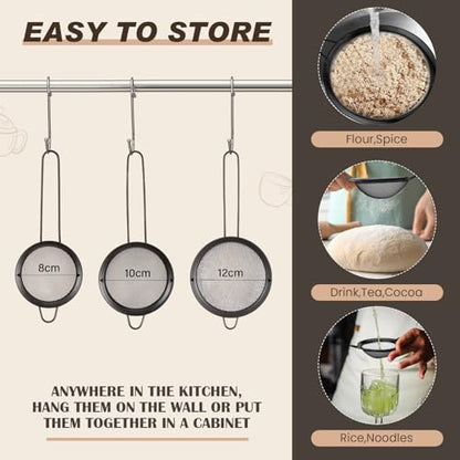 Norme 4 Quart Stainless Steel Black Colander and 3 Pcs Black Fine Mesh Strainer, Stainless Steel Pasta Rice Food Metal Strainer with Handles, Easy Clean and Dishwasher Safe - color: Black, size: 4 Quart