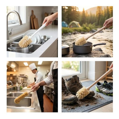 2-Piece Kitchen Brush Set - Includes 1 Plastic Handle Ponytail Cup Brush & 1 Wooden Handle Coconut Scrubber - Cleaning Kit for Bottles & Pots - size: 2 Piece Set - Cup Brush + Scrubber