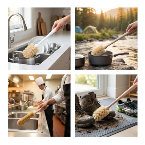 2-Piece Kitchen Brush Set - Includes 1 Plastic Handle Ponytail Cup Brush & 1 Wooden Handle Coconut Scrubber - Cleaning Kit for Bottles & Pots - size: 2 Piece Set - Cup Brush + Scrubber